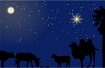 Stern von Bethlehem am Nachhimmel mit Mond, Silhouette von Tieren und Palme