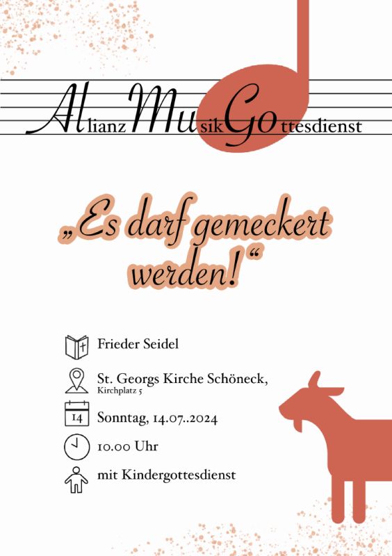Plakat AllianzMusikGottesdienst 14.07.2024: "Es darf gemeckert werden"