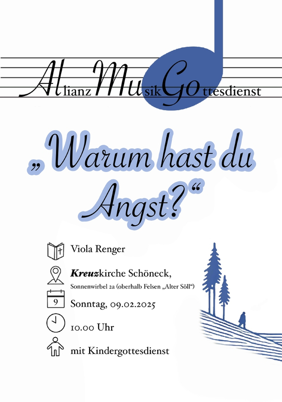 "Warum hast Du Angst?" - Plakat des AllianzMusikGottesdienst am Sonntag, 9.2.2025 in der Kreuzkirche Schöneck